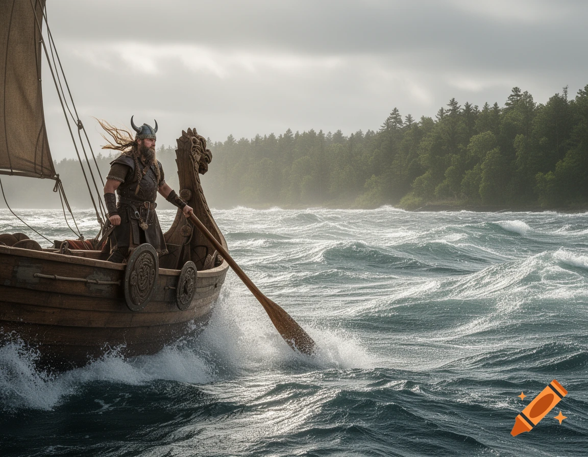 A bearded Viking in a horned helmet rows a longship through rough ocean waves near a forested coastline under a cloudy sky.