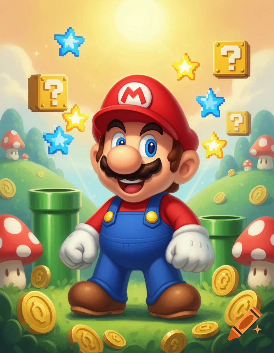 Smiling Mario in a vibrant cartoon landscape with green hills, pipes, mushrooms, golden coins, pixelated stars, and question blocks under a bright sun.
