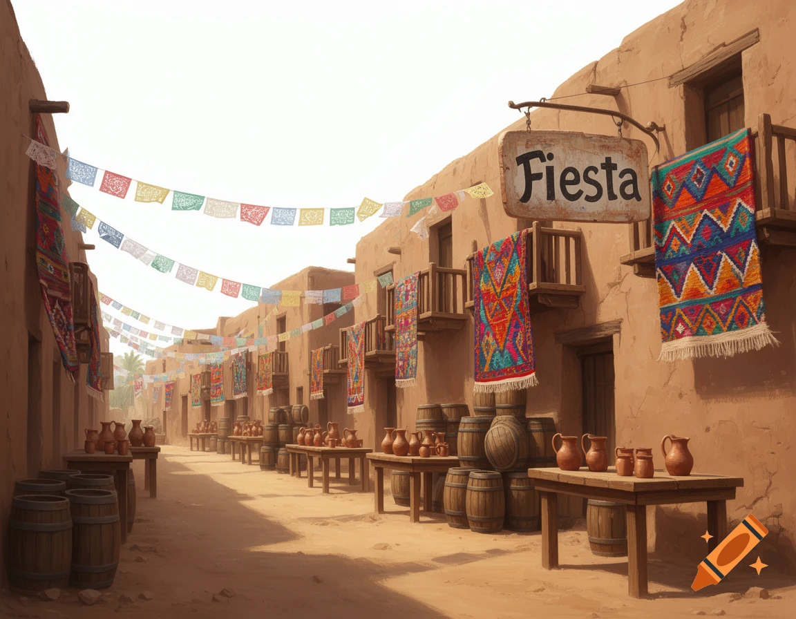 A vibrant street scene with adobe buildings decorated with colorful paper garlands and woven rugs, rustic tables hold pottery and barrels.