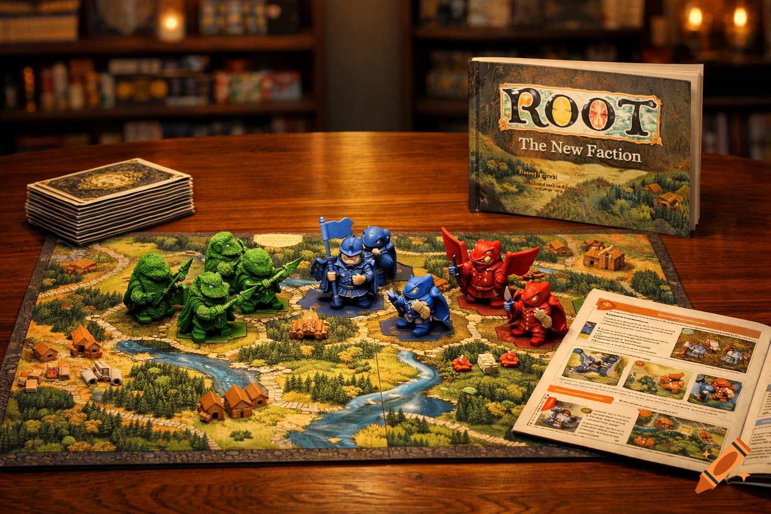 A fantasy board game with green, blue, and red miniatures, cards, and a rulebook on a wooden table, with a book titled 'ROOT The New Faction'.