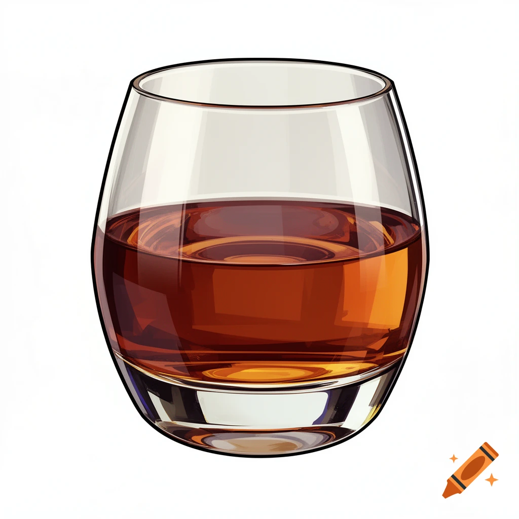A stylized whiskey glass filled with amber liquid, with thick dark outlines, on a white background.