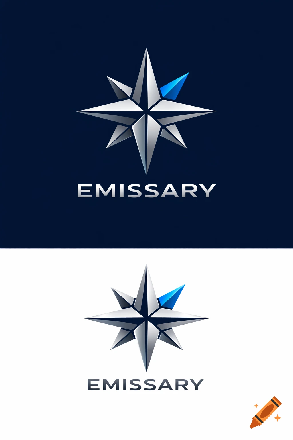 Modern geometric silver compass rose logo with a blue tip and 'EMISSARY' text, shown on dark blue and white backgrounds.