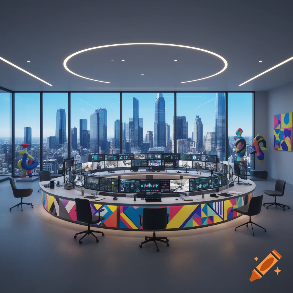 A modern control room with a circular desk full of monitors overlooking a city skyline. The desk features colorful Memphis-style geometric patterns.