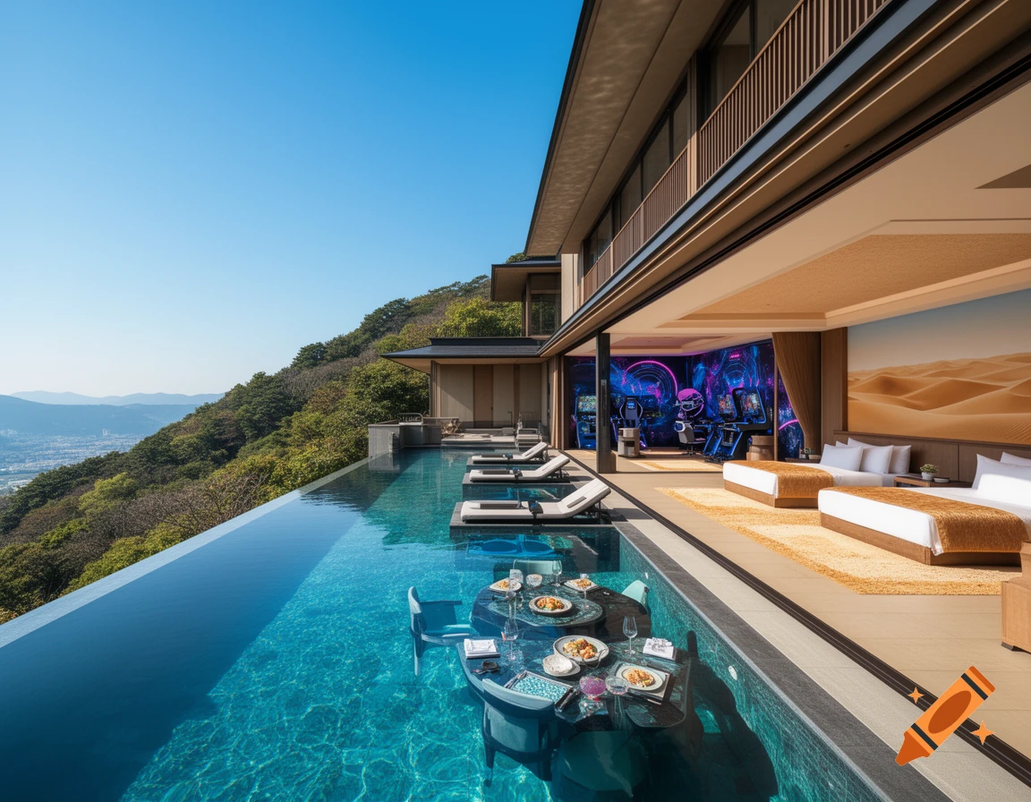A luxurious hotel with an infinity pool overlooking mountains, featuring underwater dining, a vibrant arcade room, and a desert-themed bedroom.