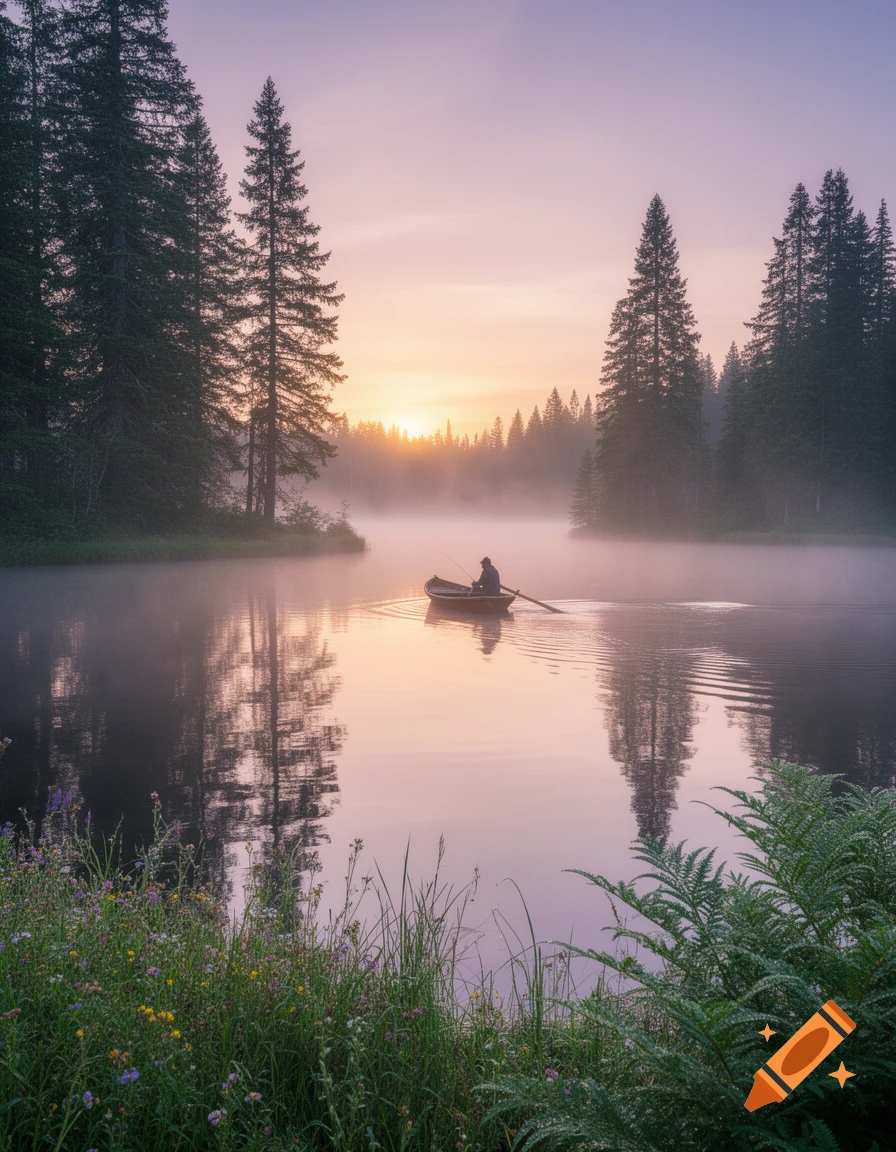 A lone person rows a small boat on a misty lake at sunrise, surrounded by tall pine trees and lush foliage. Photorealistic nature scene.