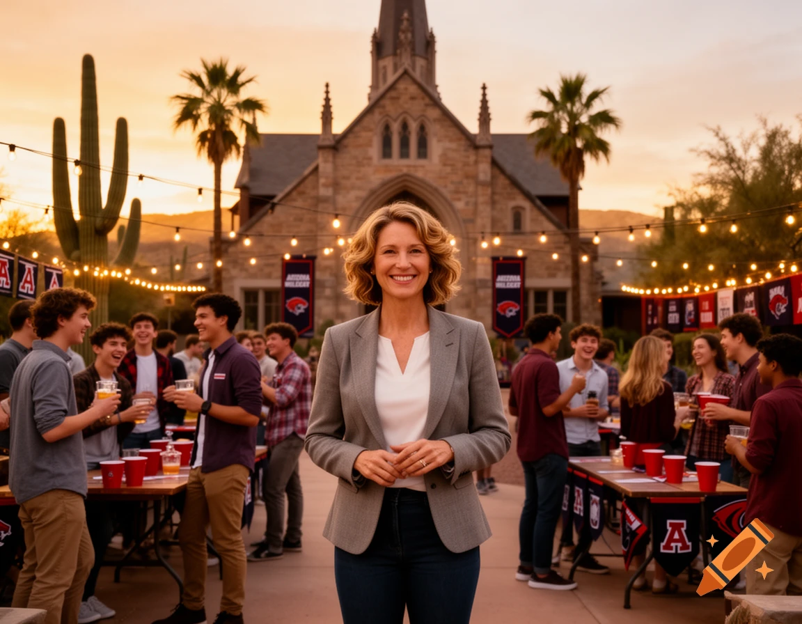 A smiling woman in a blazer stands at an outdoor university party with students, string lights, and a saguaro cactus at sunset.