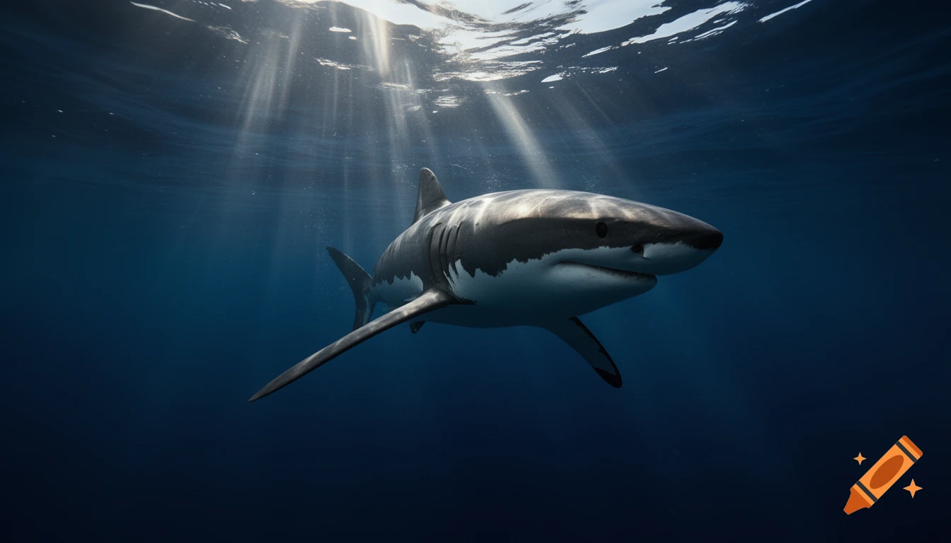 Photorealistic great white shark swims in deep blue ocean with sun rays filtering from surface.