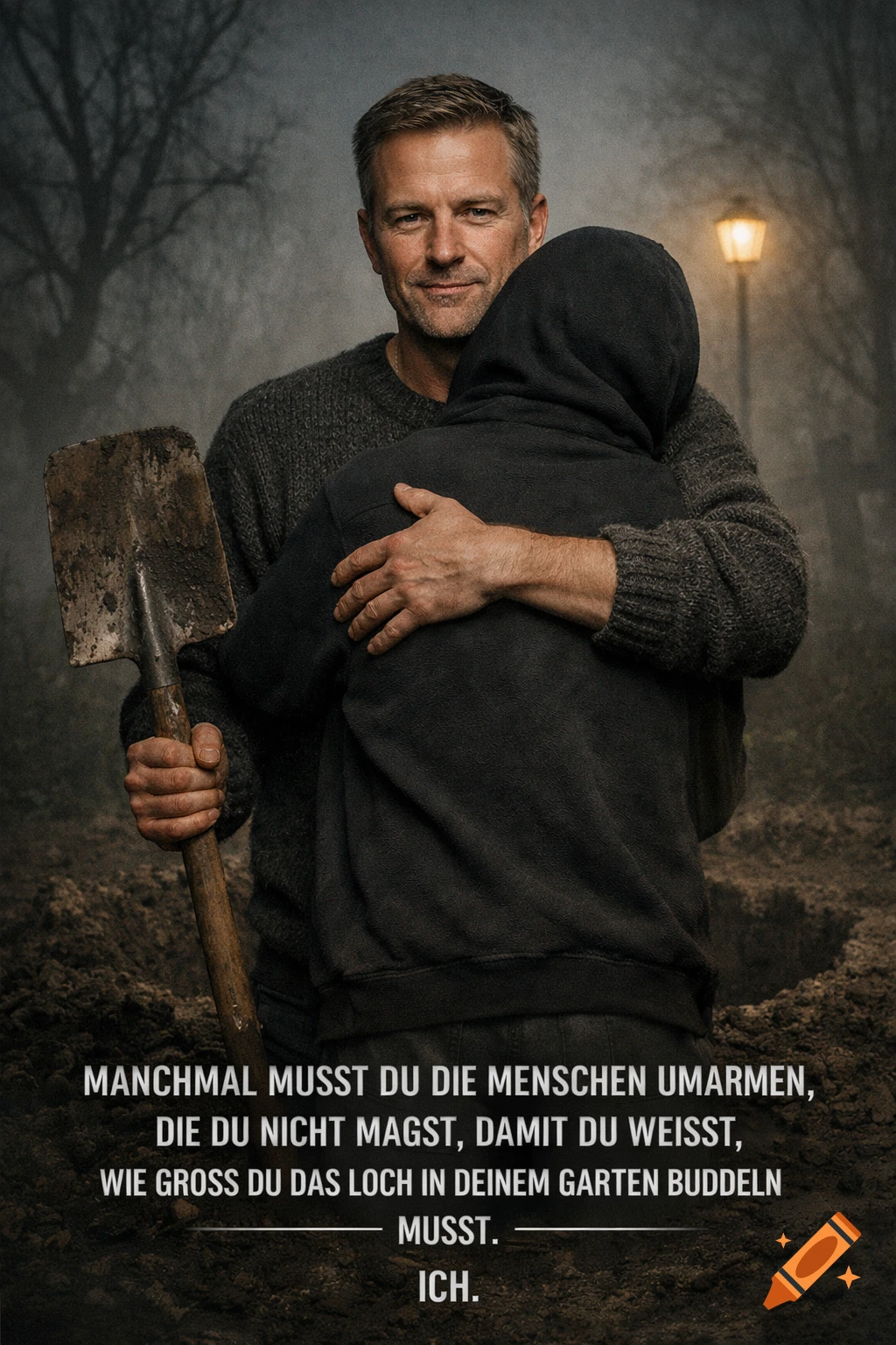 Photorealistic portrait of a man with a shovel, hugging a hooded figure in a dark, misty garden with German text.
