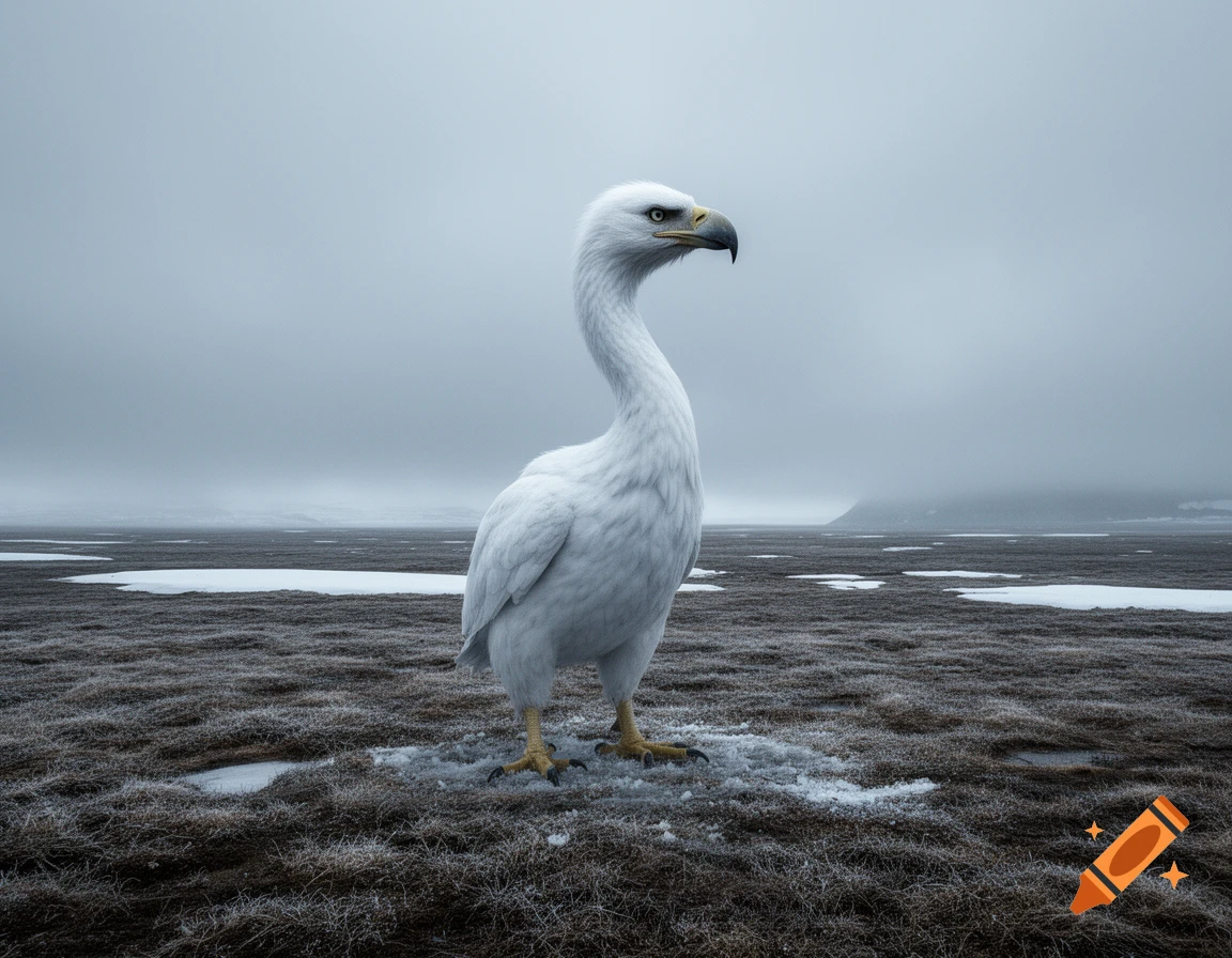 A white creature with an eagle head, a long neck, and a swan-like body stands in a frosty tundra under a cloudy sky.
