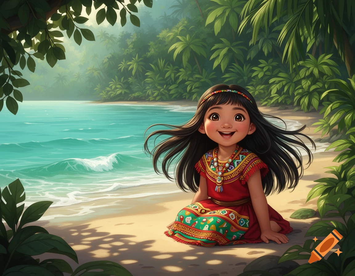 A cheerful indigenous girl in traditional clothing smiles, sitting on a sunny beach by turquoise water and tropical forest. Illustration.