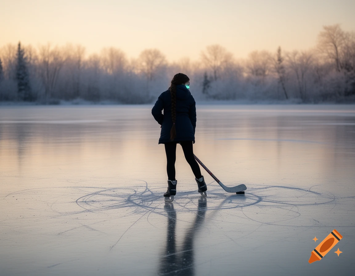 A young girl in a winter coat and ice skates stands on a frozen lake with a hockey stick at sunset.