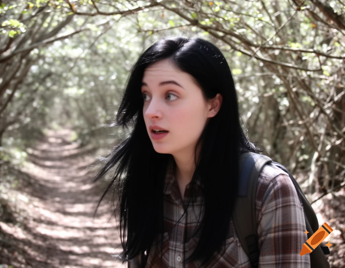 A young woman with long black hair, wearing a plaid shirt and backpack, looks surprised while hiking on a wooded path.