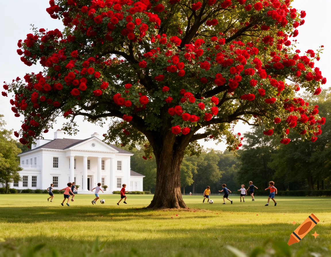 Children play soccer on a green lawn in front of a white mansion and a large tree with red roses.