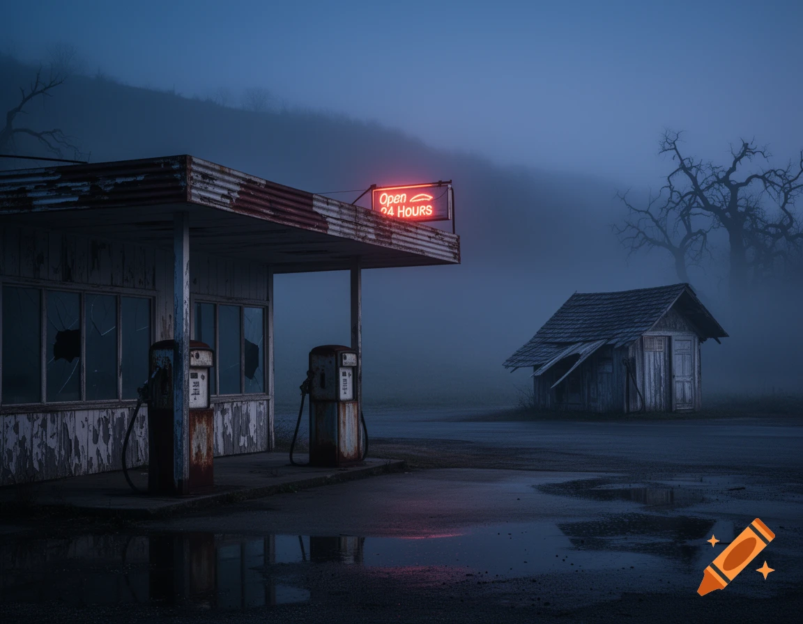 Photorealistic image of an abandoned gas station with a neon 'Open 24 HOURS' sign and a shack in a dense, eerie fog.