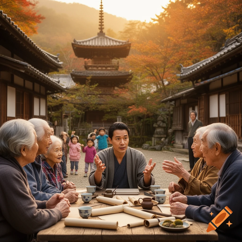 A younger man gestures while conversing with elderly people at a wooden table in a traditional Japanese temple courtyard with autumn trees.