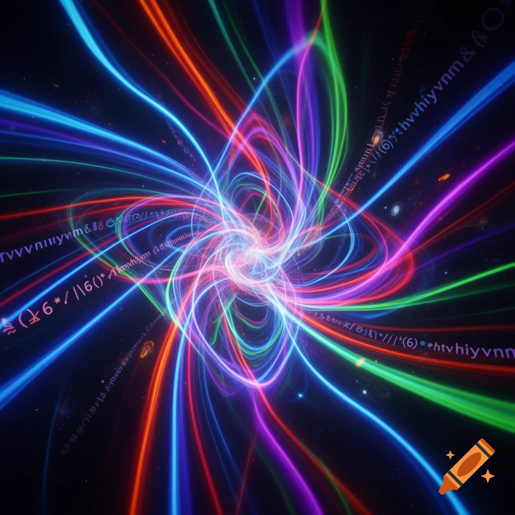 Vibrant, neon-colored light trails swirl dynamically across a dark background, creating an abstract, energetic pattern.