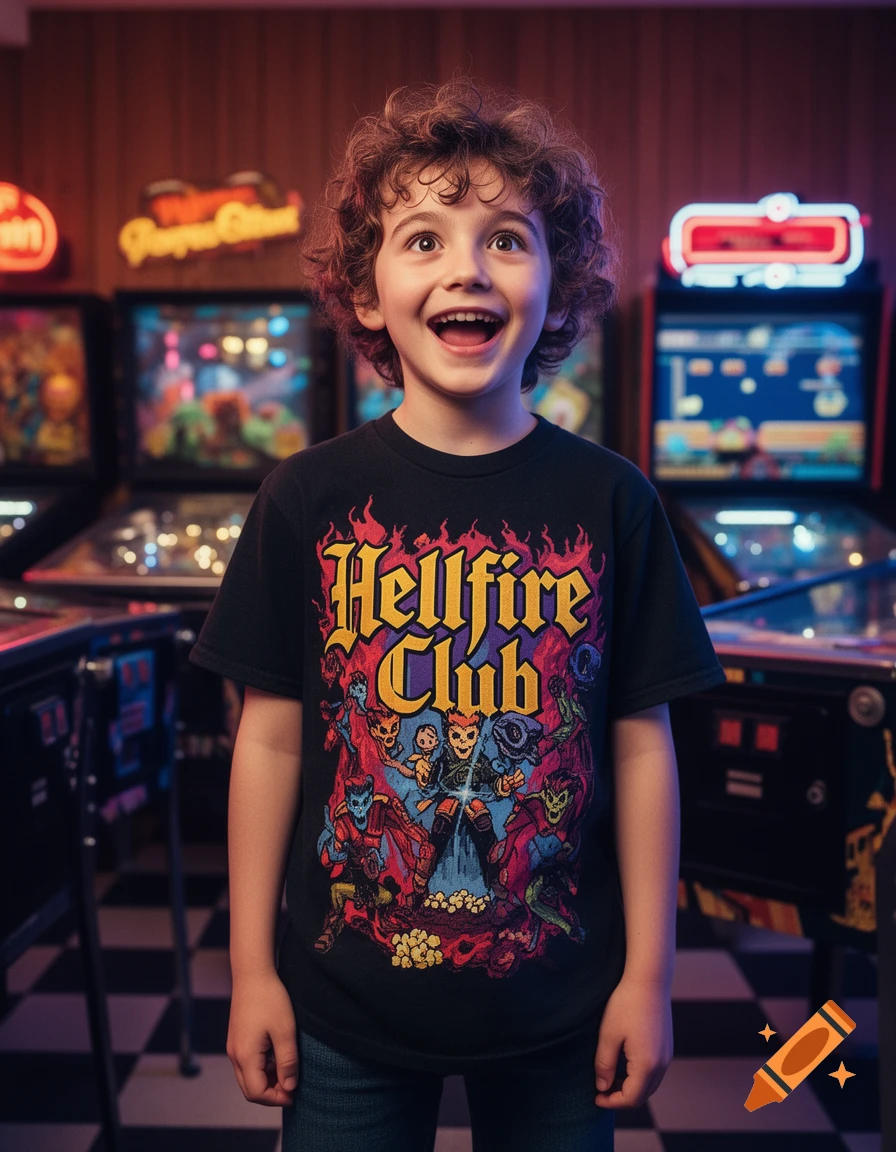 A smiling young boy in a Hellfire Club t-shirt looks up in awe, standing in a dimly lit arcade.