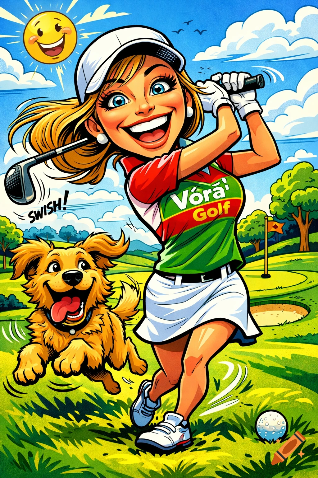 An exaggerated cartoon female golfer swings a club with a happy golden retriever jumping beside her on a golf course.