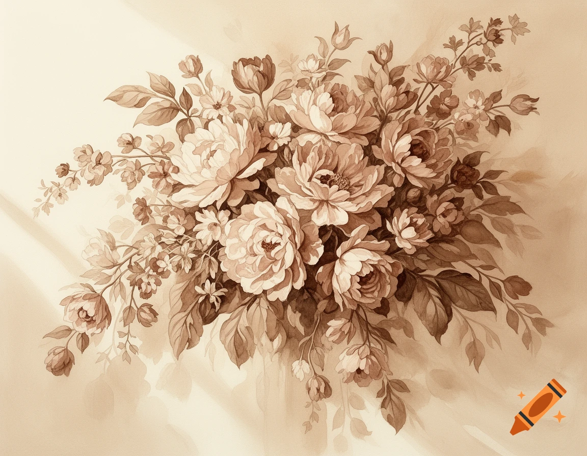 Sepia-toned gouache painting of a dense floral bouquet featuring large blooming flowers and various leaves on a light background.