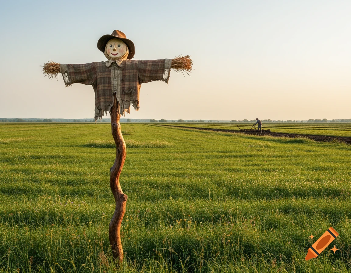 A smiling scarecrow stands in a vibrant green field at sunset, with a farmer working in the distance.