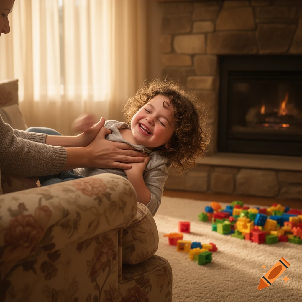 An adult tickling a smiling, curly-haired child in a cozy living room with a fireplace and building blocks on the floor, photorealistic.
