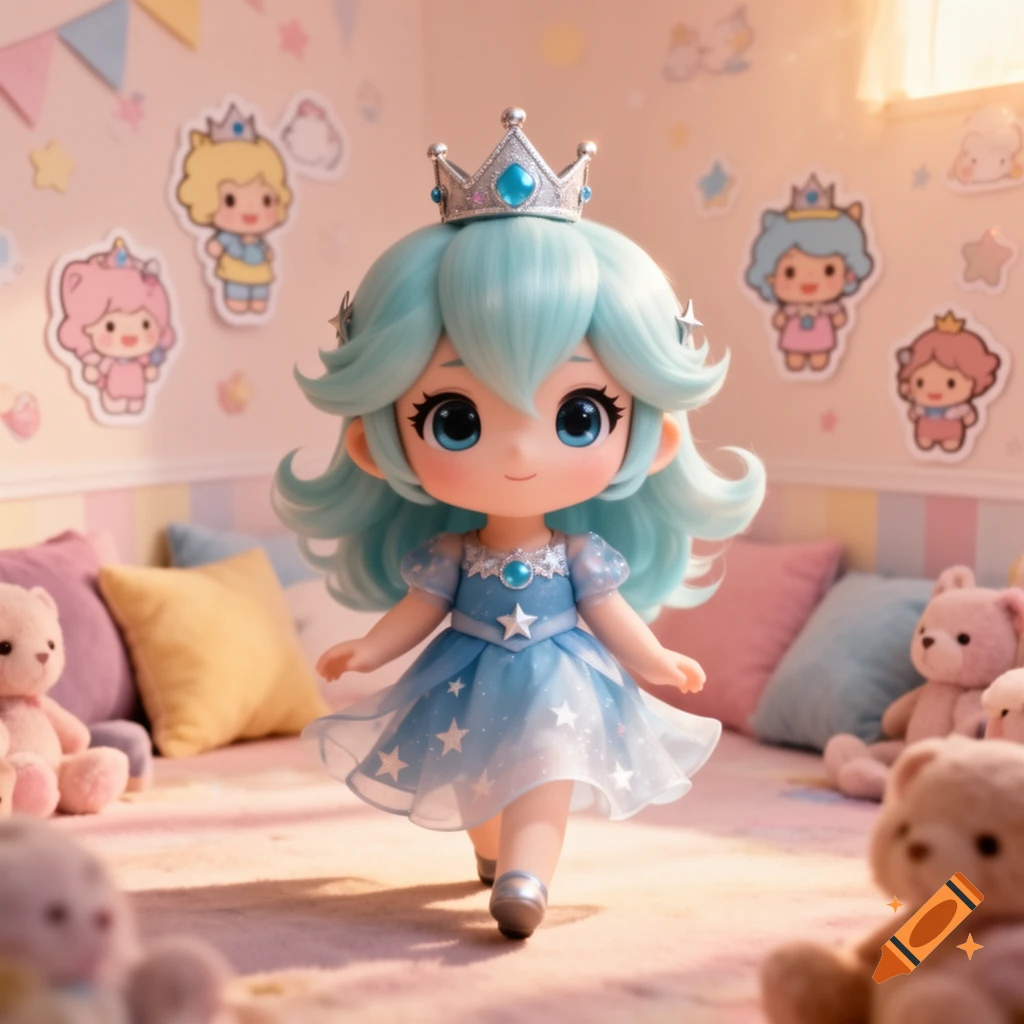 A cute chibi anime doll with light blue hair and a crown, wearing a blue star dress, walks in a kawaii playroom among teddy bears.