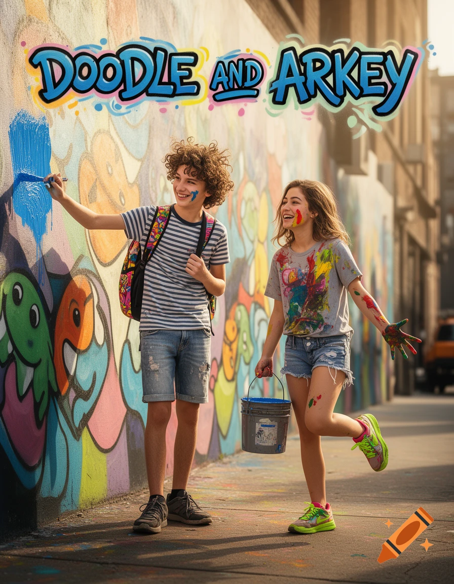 A smiling boy and girl, covered in paint, creating graffiti with 'DOODLE AND ARKEY' text on an urban wall. Photorealistic.