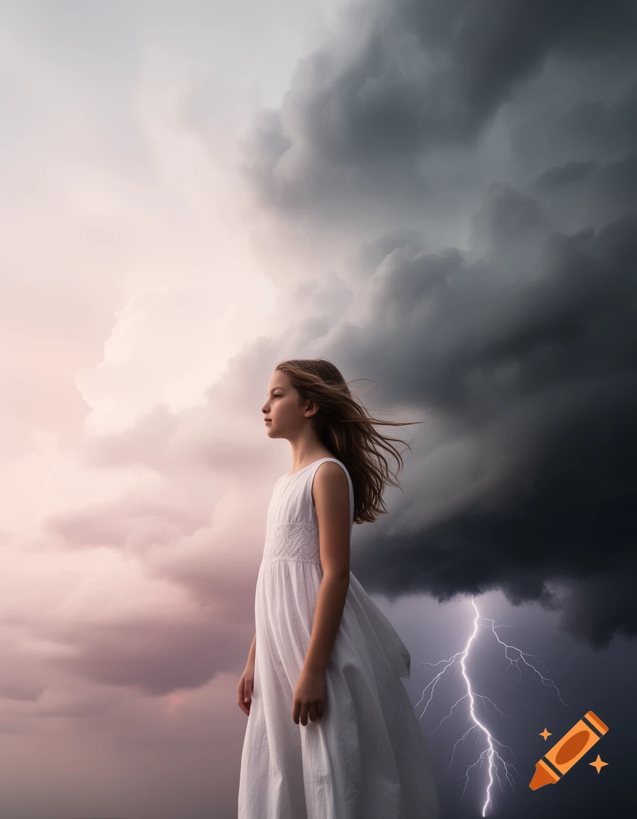 A young girl in a white dress stands looking left, against a dramatic sky with dark storm clouds and lightning on the right, and soft pink clouds on the left. Photorealistic.