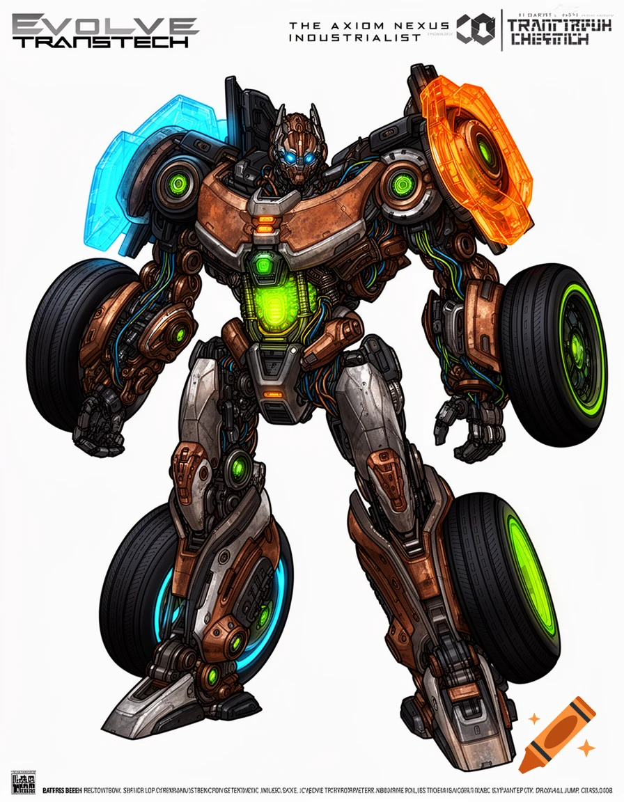 An intricate, highly detailed transformer-like robot in metallic bronze and silver, with glowing green and blue accents. It features large wheels integrated into its shoulders and feet against a white background.