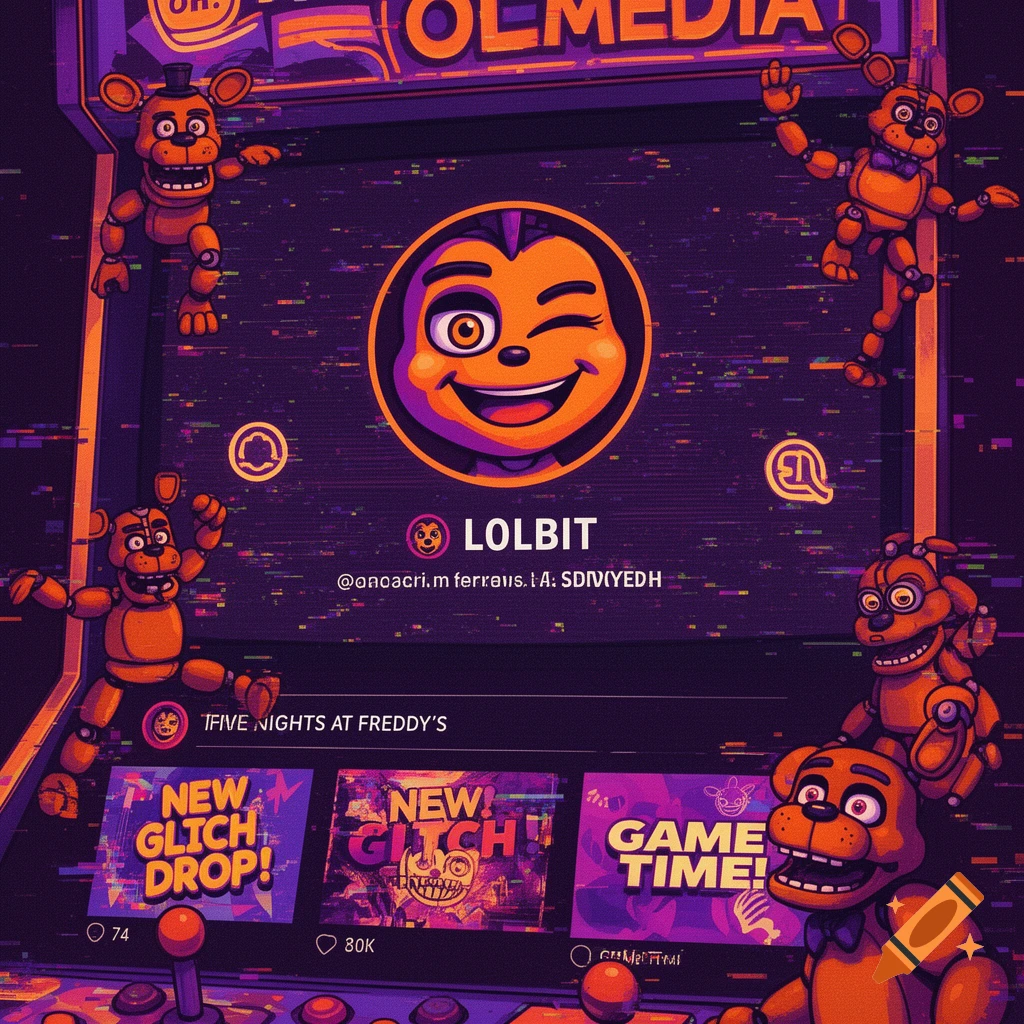 Lolbit from Five Nights at Freddy's on a glitchy retro arcade screen, featuring a winking profile picture and post previews, in orange and purple tones.