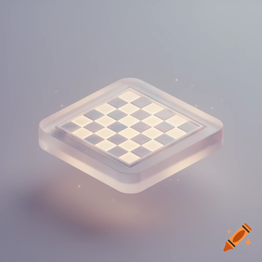 A 3D isometric floating chess board tile with soft, glowing white and purple squares against a pastel background.