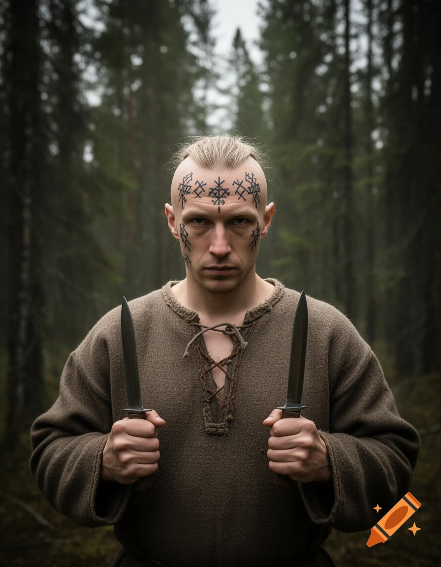 A man with blonde hair and face tattoos holds two knives in a misty forest, wearing a rustic tunic.