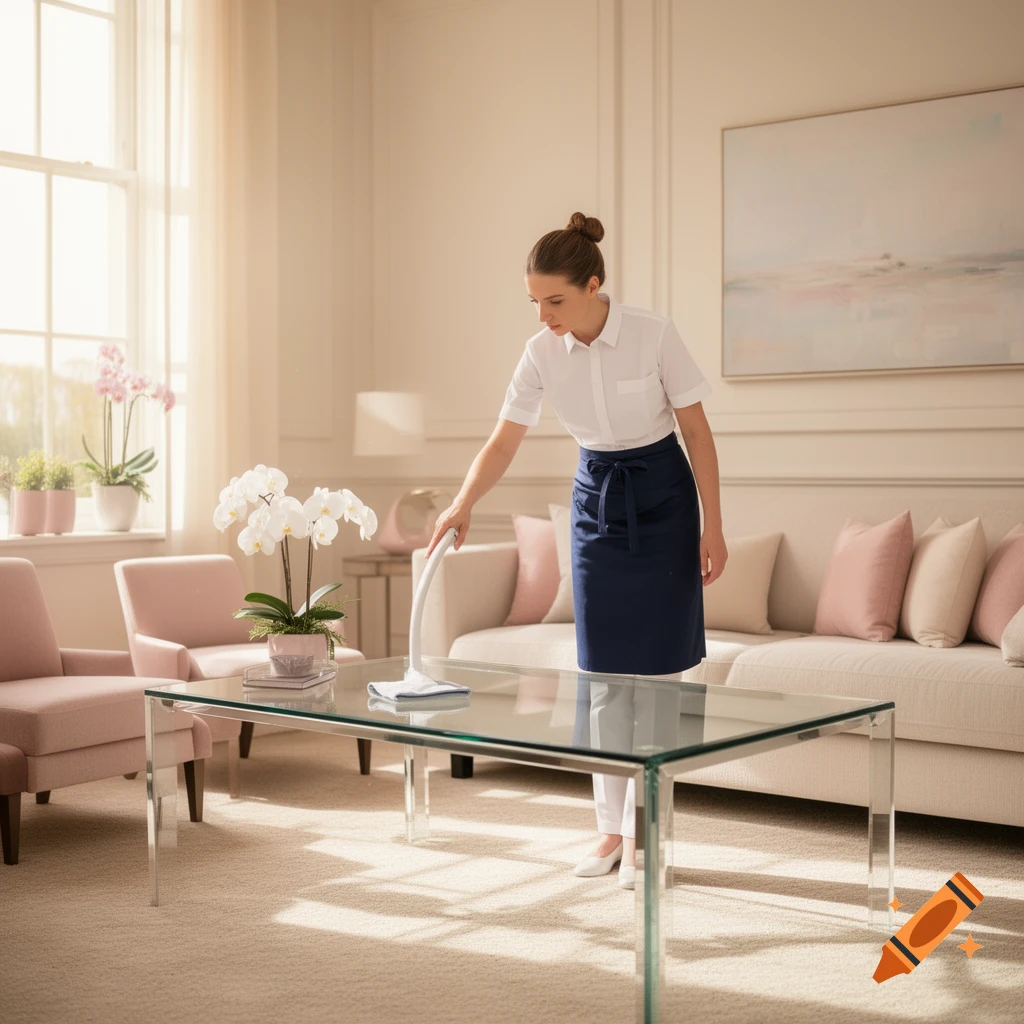 A woman in a white shirt and navy apron cleans a glass coffee table in a brightly lit living room with orchids.