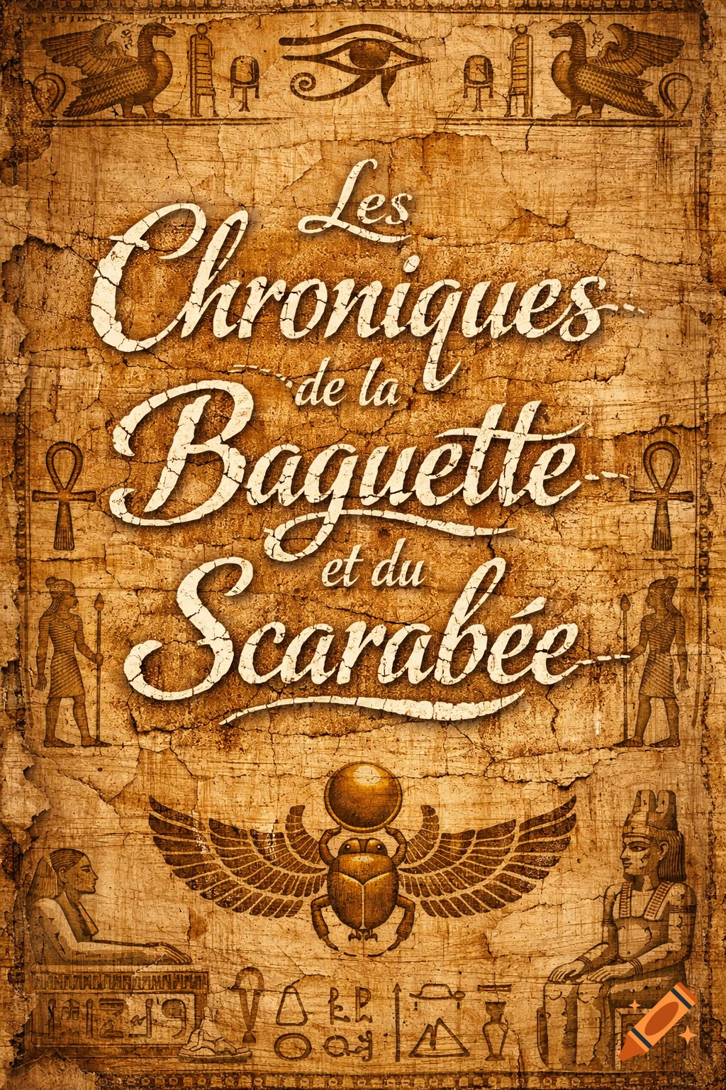 Aged papyrus scroll with ancient Egyptian art, featuring a winged scarab, hieroglyphs, and the distressed white title 'Les Chroniques de la Baguette et du Scarabée'.