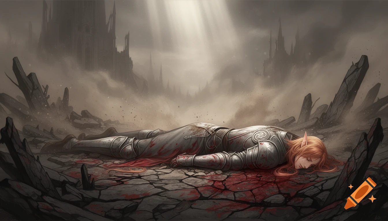 An unconscious elf knight in blood-stained armor lies amidst cracked rubble in a ruined, apocalyptic landscape, illustrated in high contrast.