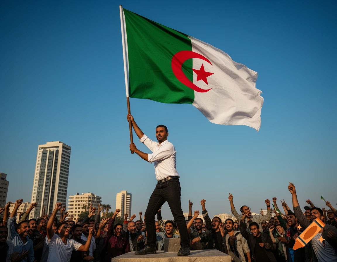 A man holds an Algerian flag high above a cheering crowd with buildings in the background under a blue sky.