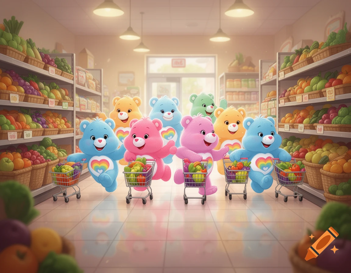 Multiple colorful Care Bears joyfully running through a brightly lit grocery store, pushing miniature shopping carts filled with produce.