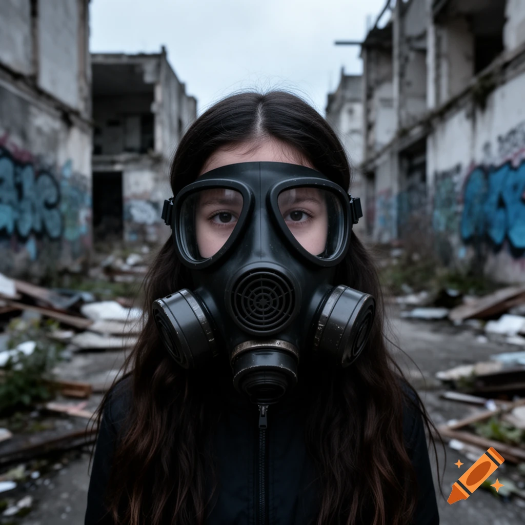 Close-up of a person in a black gas mask in a ruined, graffiti-covered street.