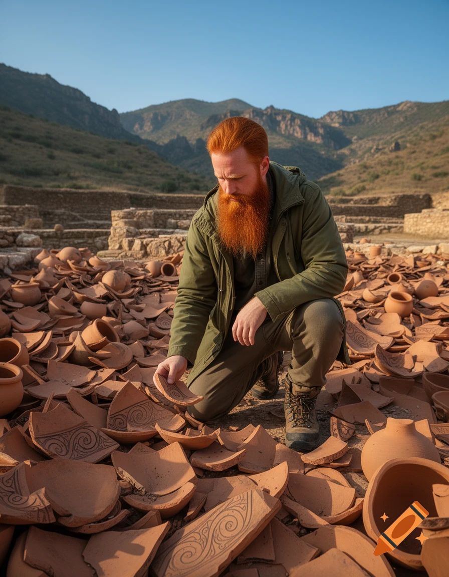 A red-bearded man crouches, examining patterned clay pot shards amidst a field of broken pottery at an archaeological site with mountains in the background.