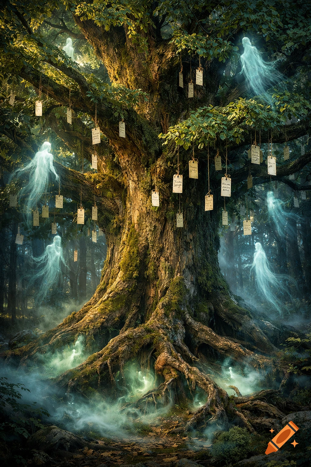A mystical, ancient tree in a twilight forest, adorned with glowing spirits and numerous illegible tags. Green mist emanates from its roots.