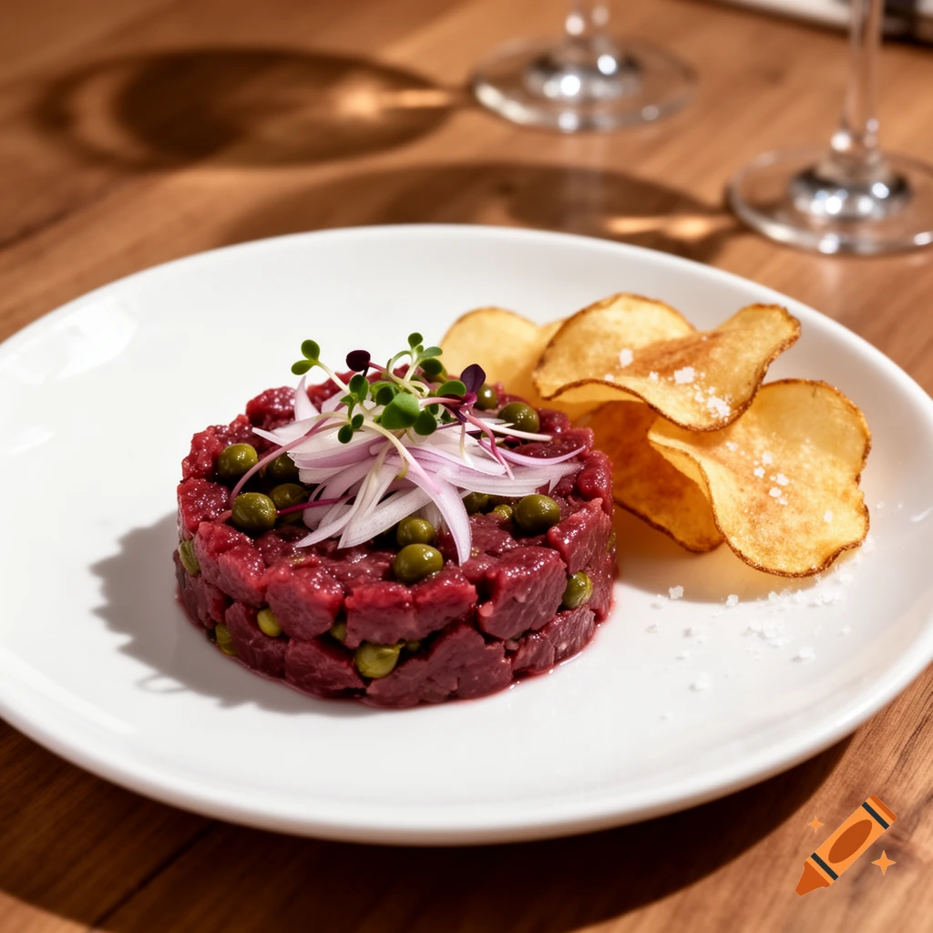 Photorealistic venison tartare with red onion, microgreens, and capers, served with potato chips on a white plate.