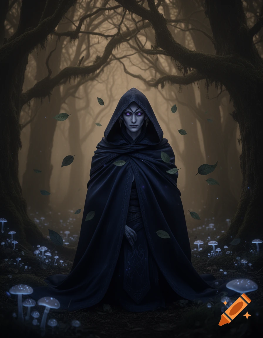 A mysterious figure in a dark hooded cloak with glowing purple eyes ...