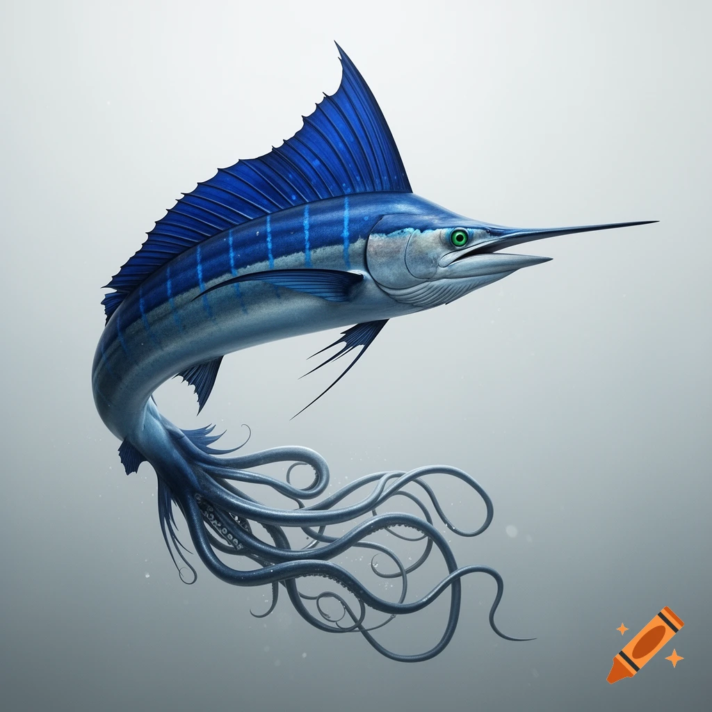 A blue marlin with a large dorsal fin and green eyes, with an octopus-like tentacled tail, against a light grey background.