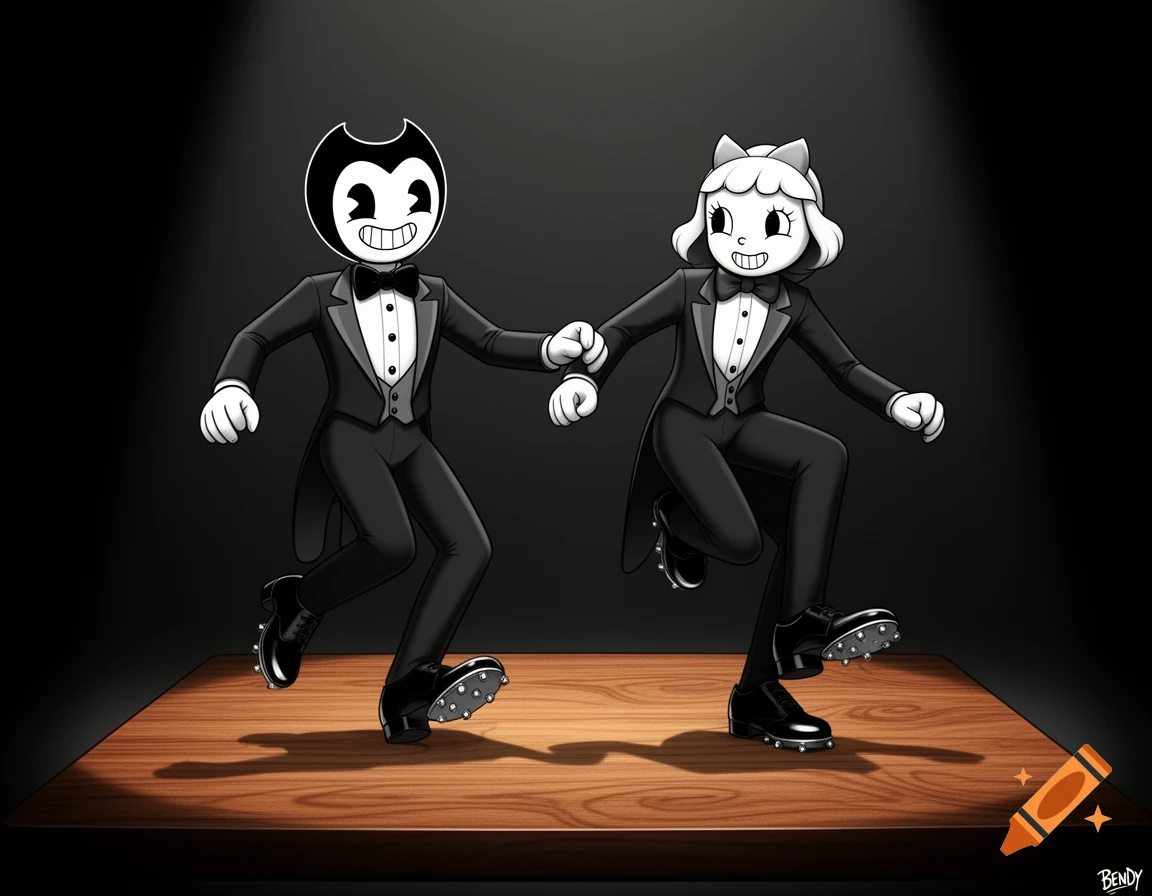 Bendy and Alice Angel in tuxedos tap dancing on a wooden stage under a spotlight.
