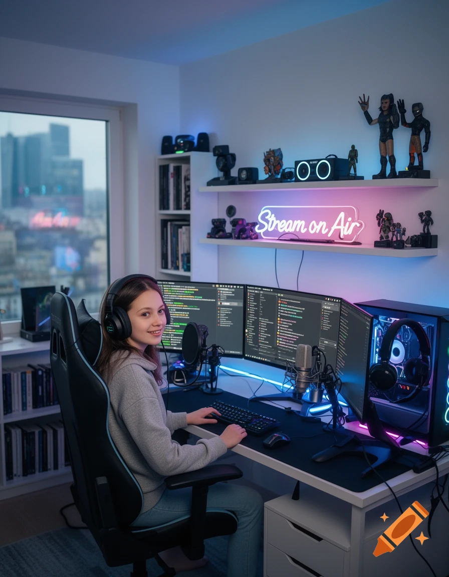 A smiling young person with headphones at a neon-lit gaming and streaming desk with dual monitors, a PC, and a microphone, overlooking a city.