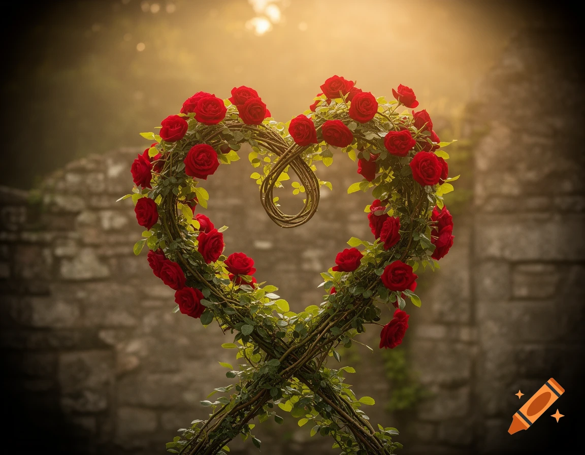 A heart-shaped wreath made of intertwined branches and vibrant red roses, bathed in warm golden light against a blurred stone wall.