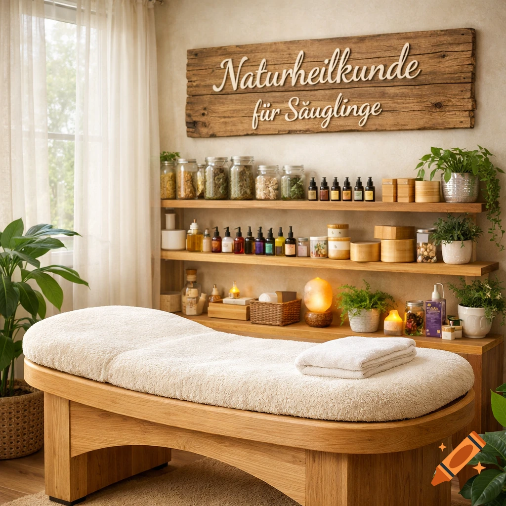 A serene room for natural medicine or spa treatments, featuring a massage bed, shelves of herbal remedies, and a sign 'Naturopathy for Infants'.