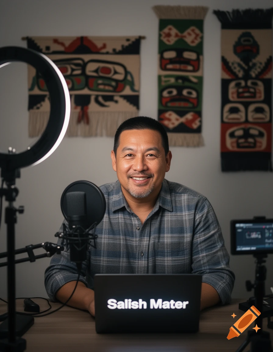 A smiling man sits at a desk with a microphone, ring light, and laptop displaying 'Salish Mater', with indigenous tapestries on the wall.