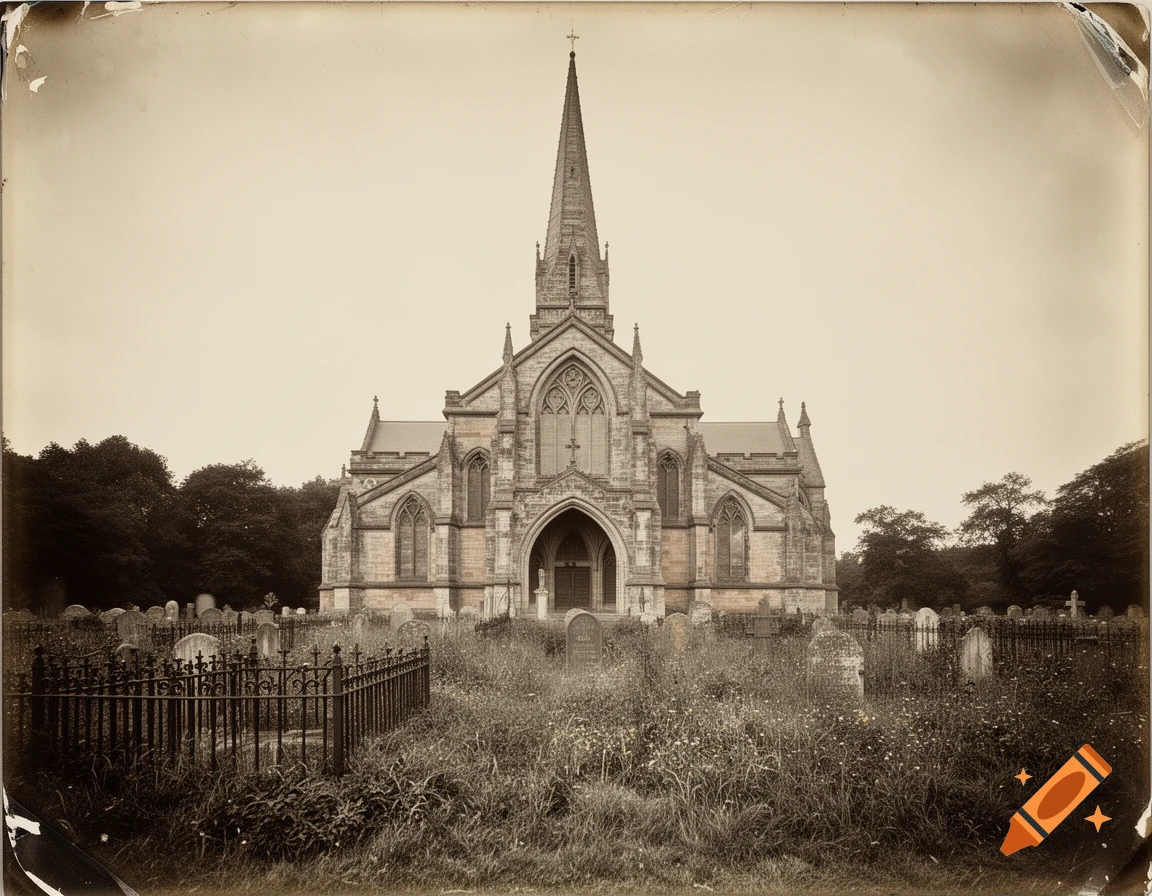 A sepia-toned vintage photograph of a grand Gothic church with a tall spire, surrounded by a fence and a graveyard with overgrown grass and old headstones.