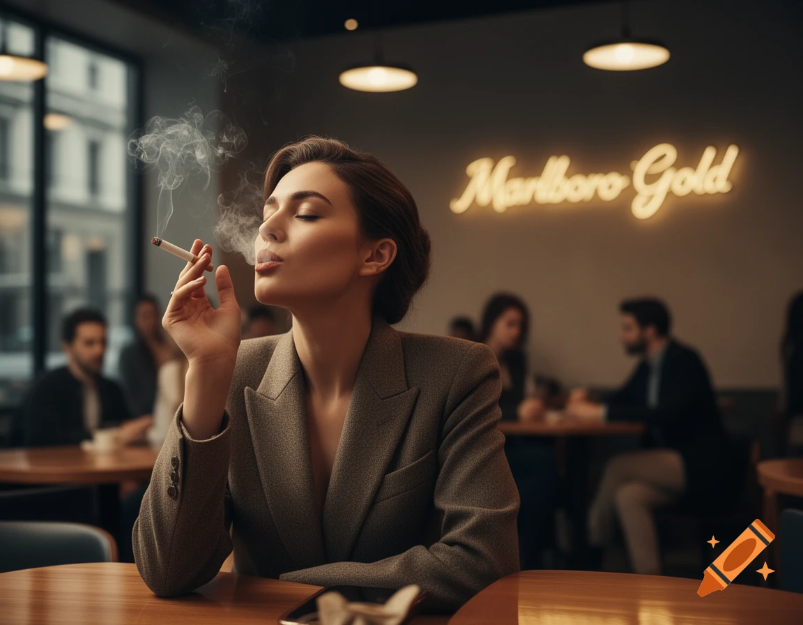 A woman in a cafe with her eyes closed exhales smoke from a cigarette. A "Marlboro Gold" neon sign is in the background.